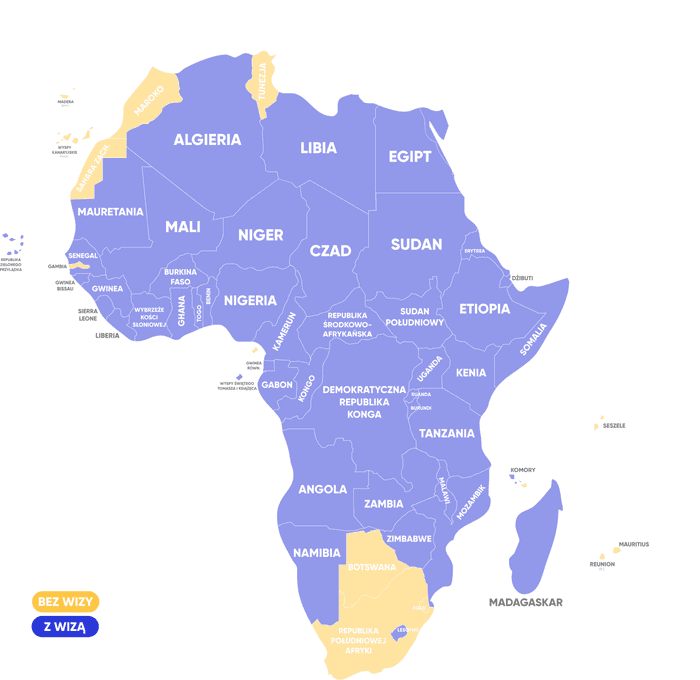Afryka mapa polityczna - kraje z wizami dla Polaków