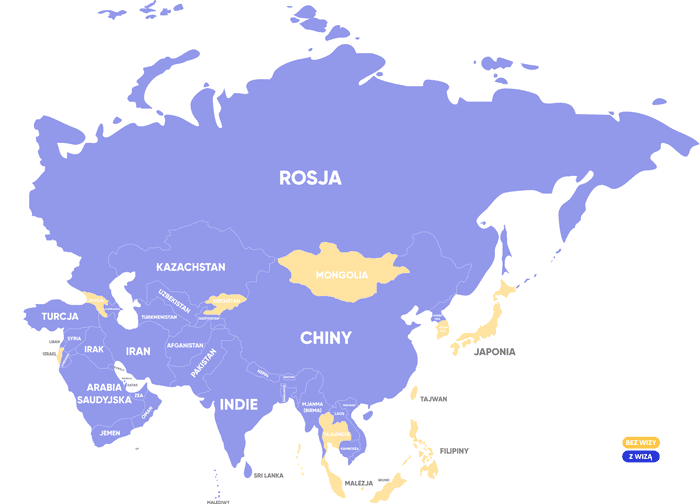Azja mapa polityczna - kraje z wizami dla Polaków
